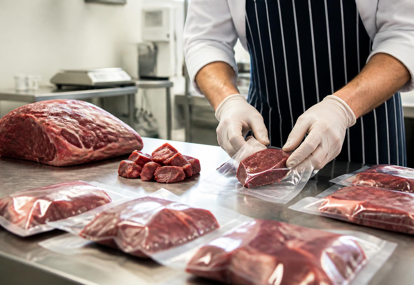 Gloved hands portioning fresh human-grade meat into sealed packs in a clean butchery