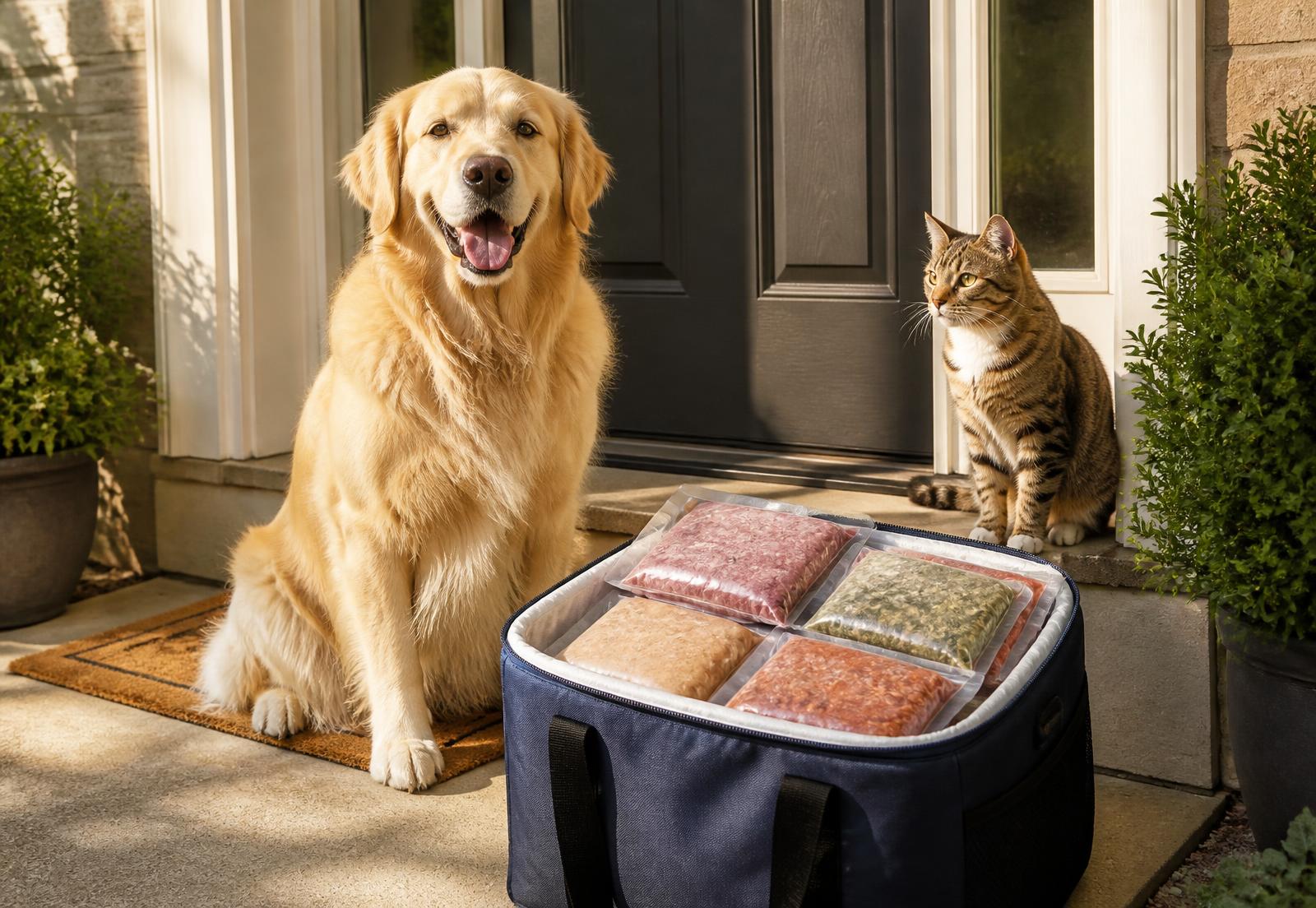 Sealed bags of raw pet food in a cool bag on a sunny doorstep with a dog and a cat waiting